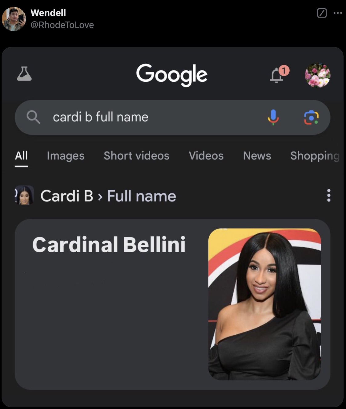 Wendell Google Q cardi b full name All Images Short videos Videos News Shopping Cardi B > Full name Cardinal Bellini